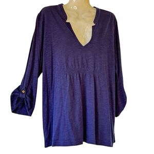 Lilly Pulitzer Pima Cotton Peasant Top Navy Blue Smocked Yoke V Neck Women's XL